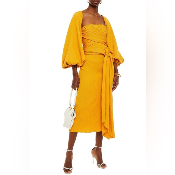 Johanna Ortiz Marigold Yellow Luna Miel Convertible Textured Crepe Midi Dress 8 - Picture 1 of 11